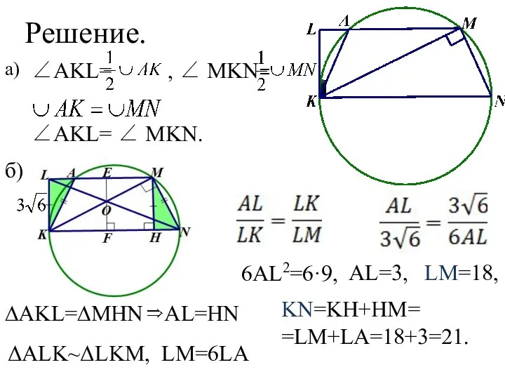 Решение. ∠AKL= , ∠ MKN= ∠AKL= ∠ MKN. а) б) ∆AKL=∆MHN