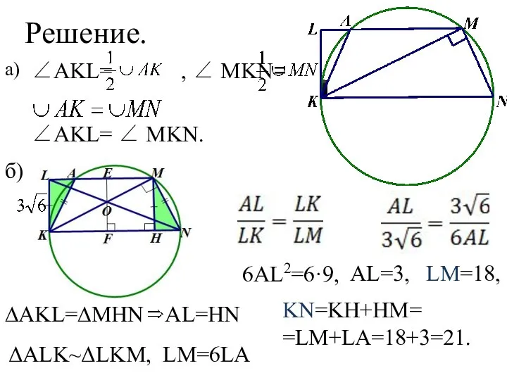 Решение. ∠AKL= , ∠ MKN= ∠AKL= ∠ MKN. а) б) ∆AKL=∆MHN