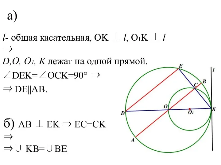 а) ∠DEK=∠OCK=90° ⇒ ⇒ DE||AB. l- общая касательная, OK ⊥ l,