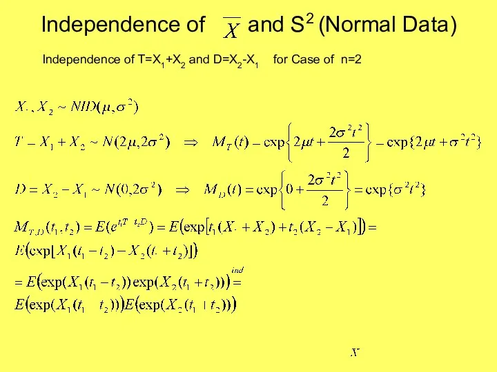 Independence of and S2 (Normal Data) Independence of T=X1+X2 and D=X2-X1 for Case of n=2