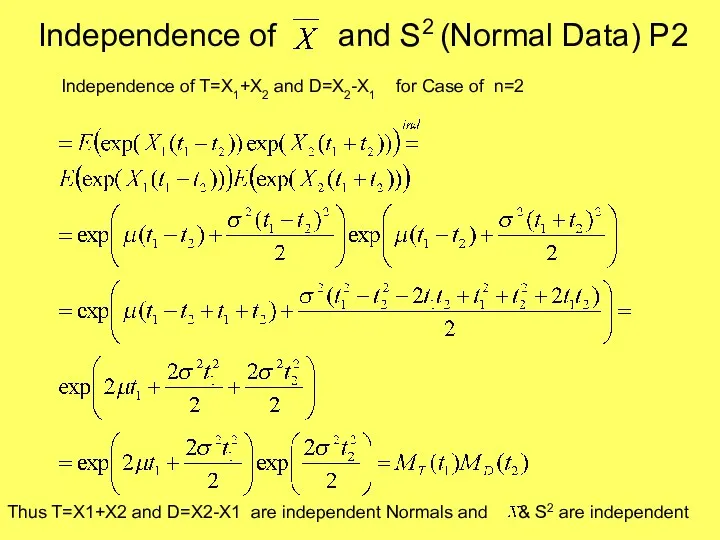 Independence of and S2 (Normal Data) P2 Independence of T=X1+X2 and