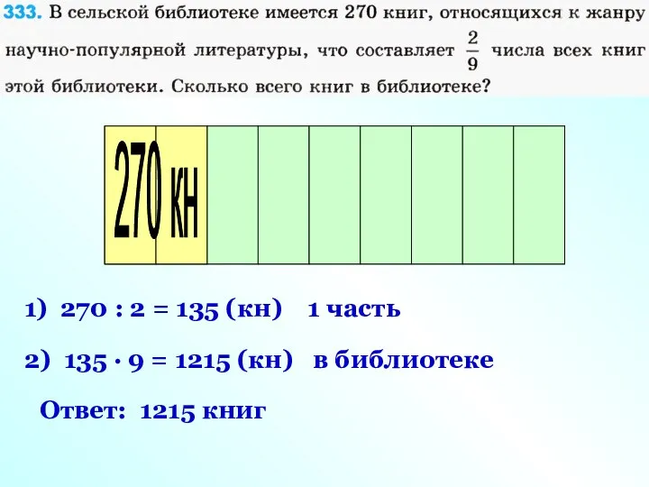 Книги библиотеки 270 кн 1) 270 : 2 = 135 (кн)