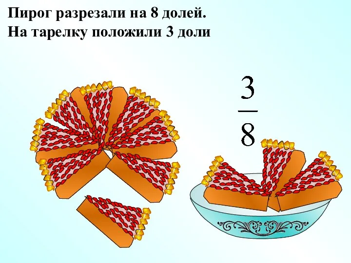 Пирог разрезали на 8 долей. На тарелку положили 3 доли