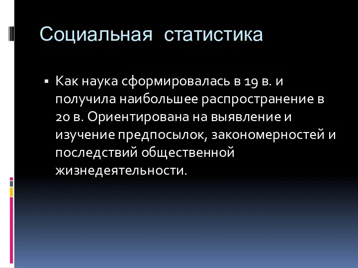 Социальная статистика Как наука сформировалась в 19 в. и получила наибольшее