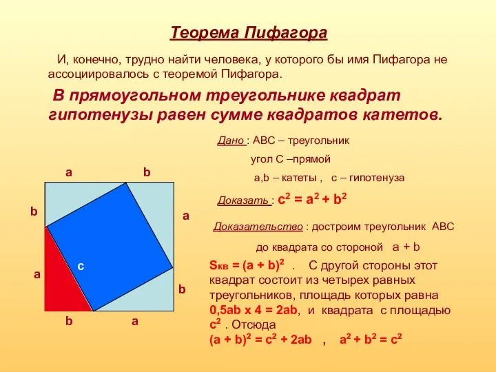 Теорема Пифагора И, конечно, трудно найти человека, у которого бы имя