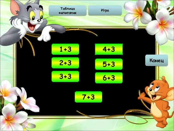 Таблица вычитания Игра Конец 4 1+3 5 2+3 6 3+3 7