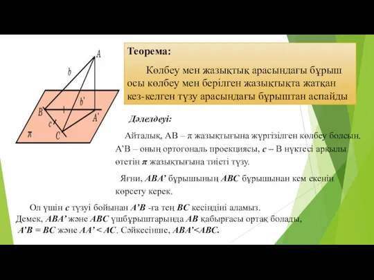 Теорема: Көлбеу мен жазықтық арасындағы бұрыш осы көлбеу мен берілген жазықтықта