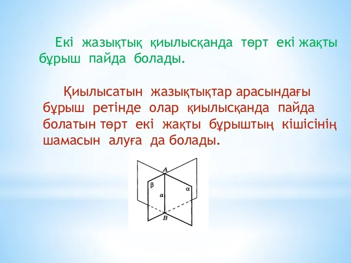 Екі жазықтық қиылысқанда төрт екі жақты бұрыш пайда болады. Қиылысатын жазықтықтар