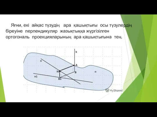 Яғни, екі айқас түзудің ара қашықтығы осы түзулердің біреуіне перпендикуляр жазықтыққа