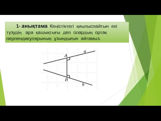 1- анықтама. Кеңістіктегі қиылыспайтын екі түзудің ара қашықтығы деп олардың ортақ перпендикулярының ұзындығын айтамыз.