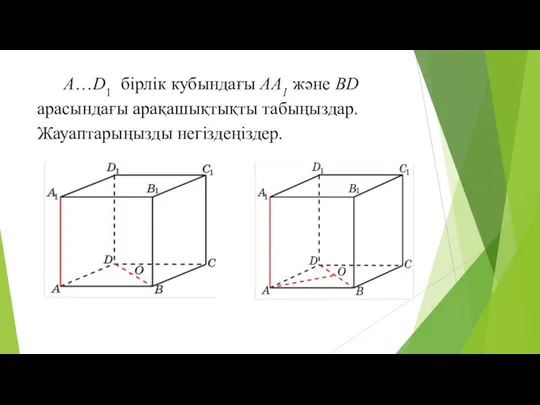 A…D1 бірлік кубындағы AA1 және BD арасындағы арақашықтықты табыңыздар. Жауаптарыңызды негіздеңіздер.