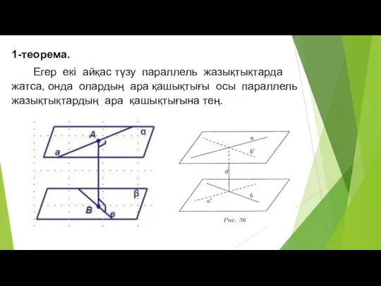 1-теорема. Егер екі айқас түзу параллель жазықтықтарда жатса, онда олардың ара