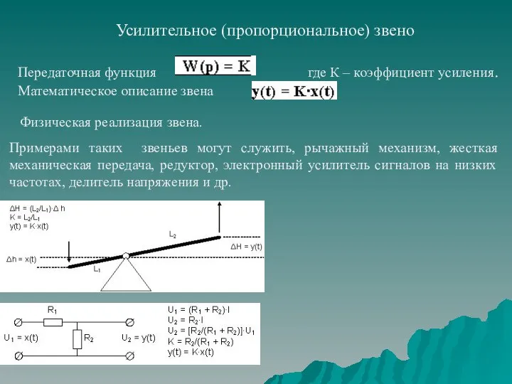 Усилительное (пропорциональное) звено Передаточная функция где К – коэффициент усиления. Математическое