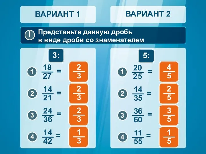 Представьте данную дробь в виде дроби со знаменателем ВАРИАНТ 1 ВАРИАНТ 2 3: 5: