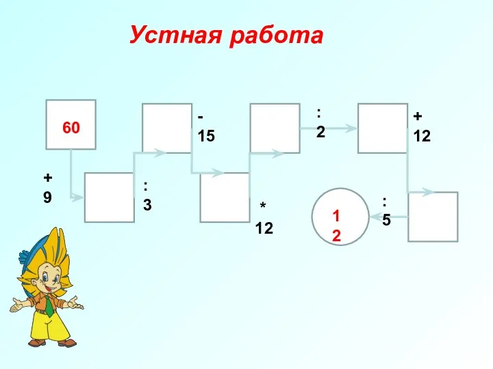 Устная работа 60 60 + 9 : 3 - 15 *