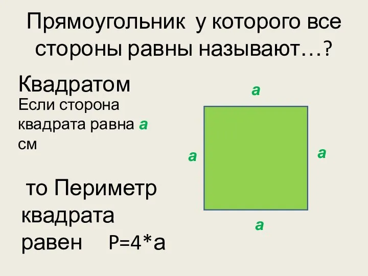 Прямоугольник у которого все стороны равны называют…? Квадратом то Периметр квадрата