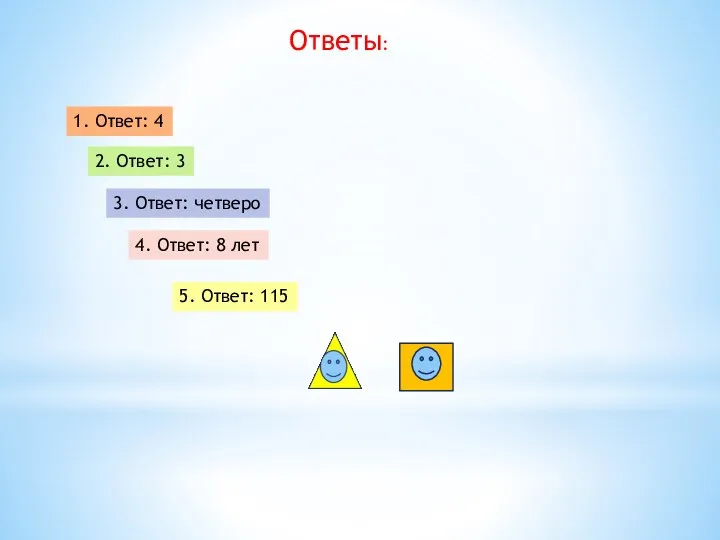 1. Ответ: 4 Ответы: 2. Ответ: 3 3. Ответ: четверо 4.