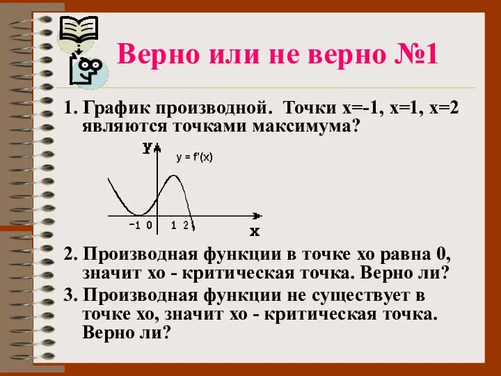 Верно или не верно №1 1. График производной. Точки х=-1, х=1,