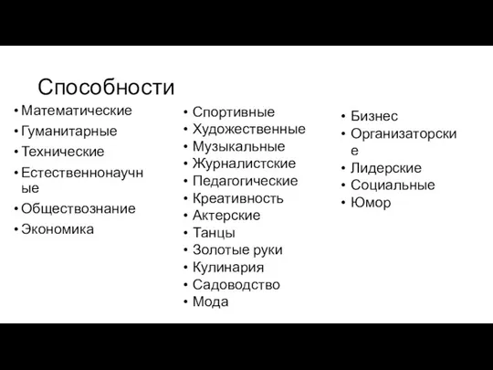 Способности Математические Гуманитарные Технические Естественнонаучные Обществознание Экономика Бизнес Организаторские Лидерские Социальные