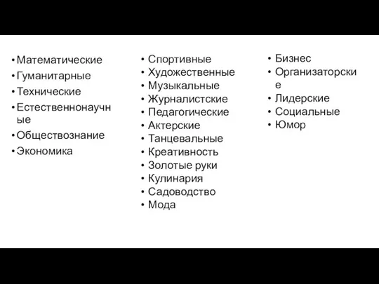 Математические Гуманитарные Технические Естественнонаучные Обществознание Экономика Бизнес Организаторские Лидерские Социальные Юмор