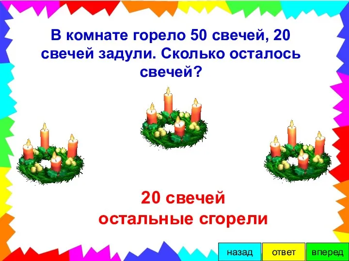 В комнате горело 50 свечей, 20 свечей задули. Сколько осталось свечей?