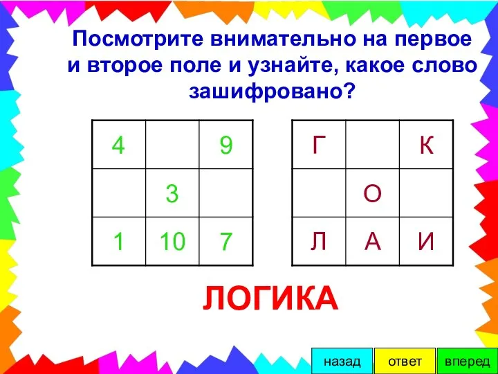 Посмотрите внимательно на первое и второе поле и узнайте, какое слово зашифровано? ЛОГИКА вперед ответ назад