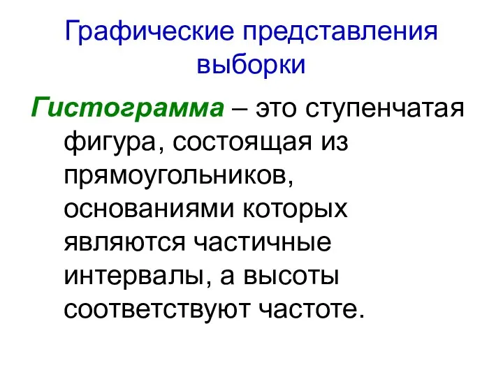 Графические представления выборки Гистограмма – это ступенчатая фигура, состоящая из прямоугольников,