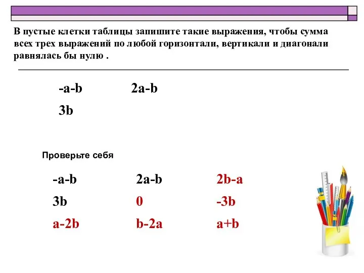 В пустые клетки таблицы запишите такие выражения, чтобы сумма всех трех