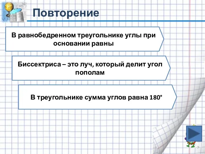 Повторение В равнобедренном треугольнике углы при основании равны Биссектриса – это