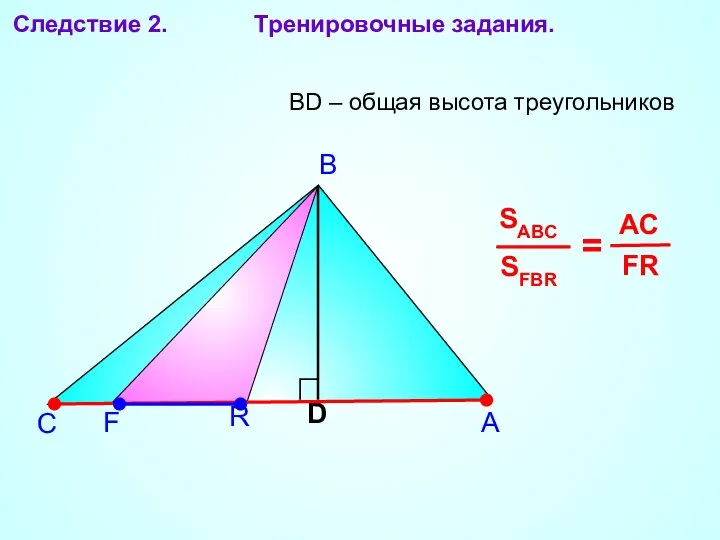 А В С Следствие 2. Тренировочные задания. BD – общая высота треугольников