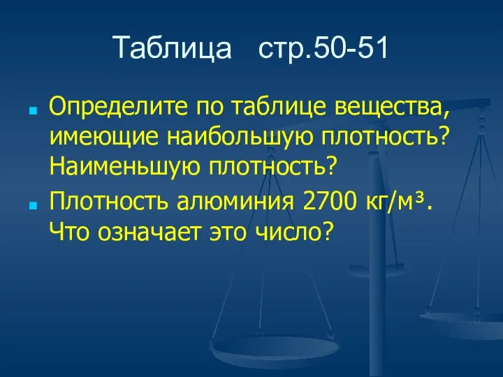 Таблица стр.50-51 Определите по таблице вещества, имеющие наибольшую плотность? Наименьшую плотность?