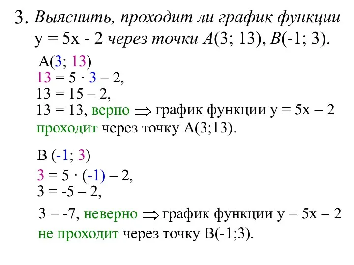 Выяснить, проходит ли график функции у = 5х - 2 через