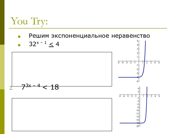 You Try: Решим экспоненциальное неравенство 32x – 1 73x – 4