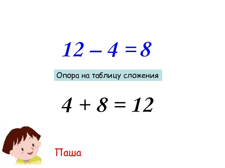 12 – 4 = 8 Опора на таблицу сложения 4 + 8 = 12 Паша