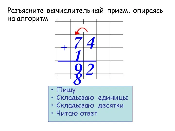 7 4 1 8 2 Пишу Складываю единицы Складываю десятки Читаю