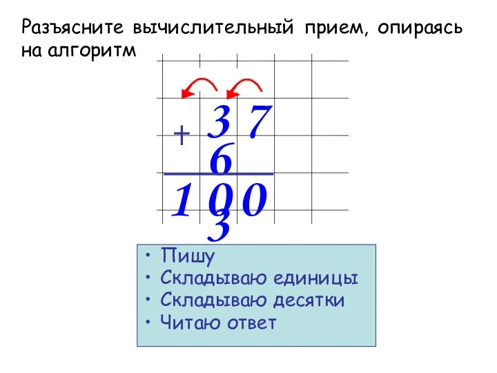 3 7 6 3 Пишу Складываю единицы Складываю десятки Читаю ответ