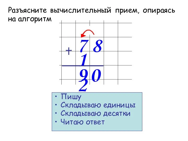 7 8 1 2 Пишу Складываю единицы Складываю десятки Читаю ответ