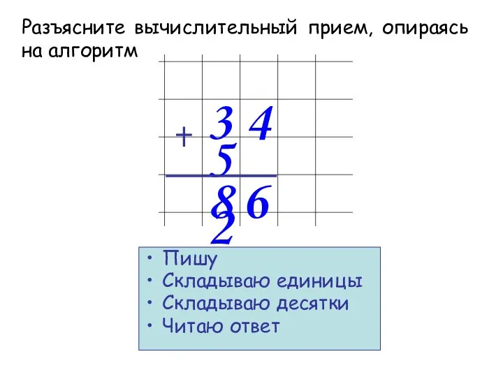 3 4 5 2 Пишу Складываю единицы Складываю десятки Читаю ответ