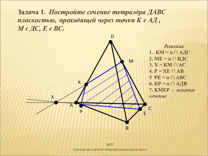Задача 1. Постройте сечение тетраэдра ДАВС плоскостью, проходящей через точки К