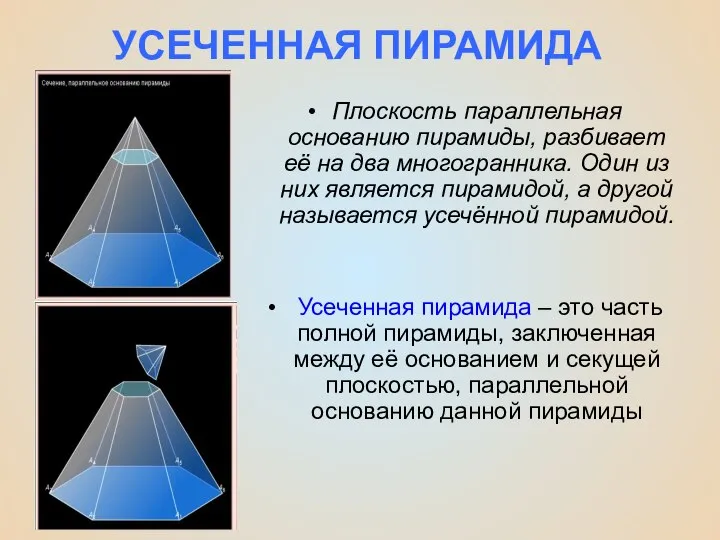 УСЕЧЕННАЯ ПИРАМИДА Плоскость параллельная основанию пирамиды, разбивает её на два многогранника.