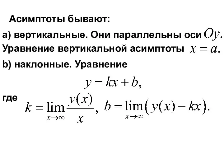 Асимптоты бывают: a) вертикальные. Они параллельны оси Уравнение вертикальной асимптоты b) наклонные. Уравнение где