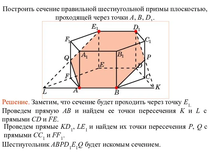 Построить сечение правильной шестиугольной призмы плоскостью, проходящей через точки A, B, D1. Упражнение 12