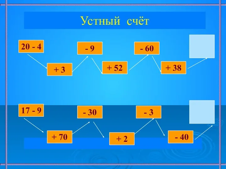 Устный счёт 20 - 4 + 3 - 9 + 52