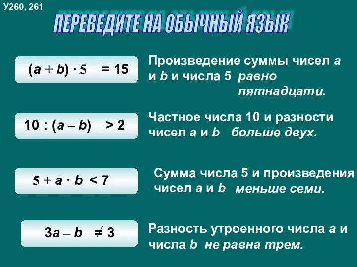 Произведение суммы чисел а и b и числа 5 равно пятнадцати.