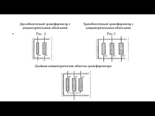 Двухобмоточный трансформатор с концентрическими обмотками Трехобмоточный трансформатор с концентрическими обмотками Рис.