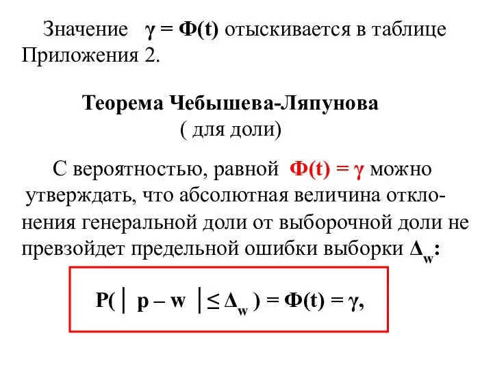 Значение γ = Ф(t) отыскивается в таблице Приложения 2. Теорема Чебышева-Ляпунова