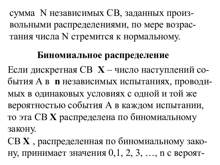 сумма N независимых СВ, заданных произ-вольными распределениями, по мере возрас-тания числа