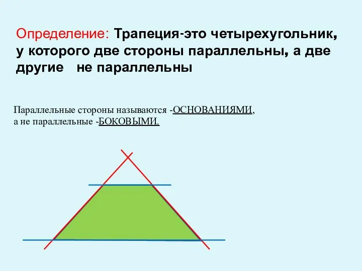 Определение: Трапеция-это четырехугольник, у которого две стороны параллельны, а две другие