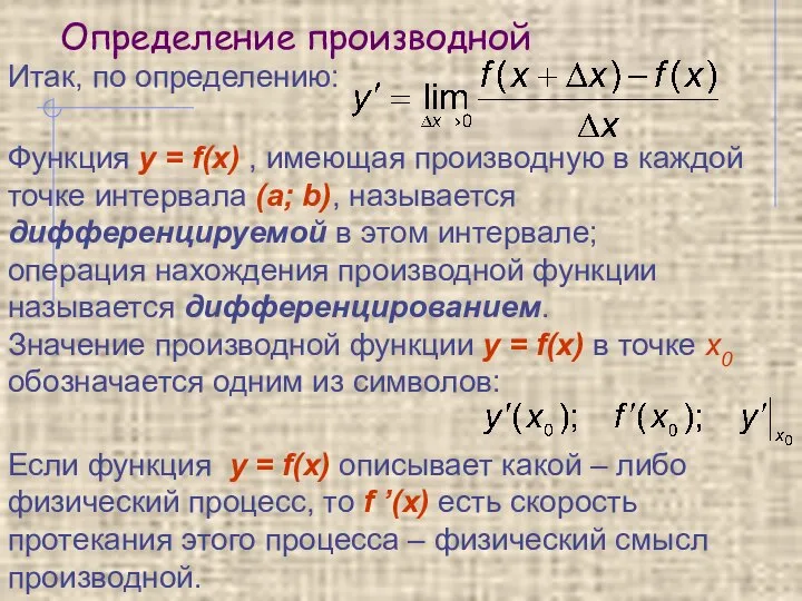 Определение производной Итак, по определению: Функция y = f(x) , имеющая