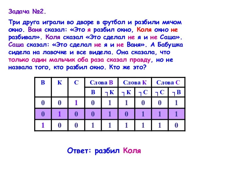 Задача №2. Три друга играли во дворе в футбол и разбили